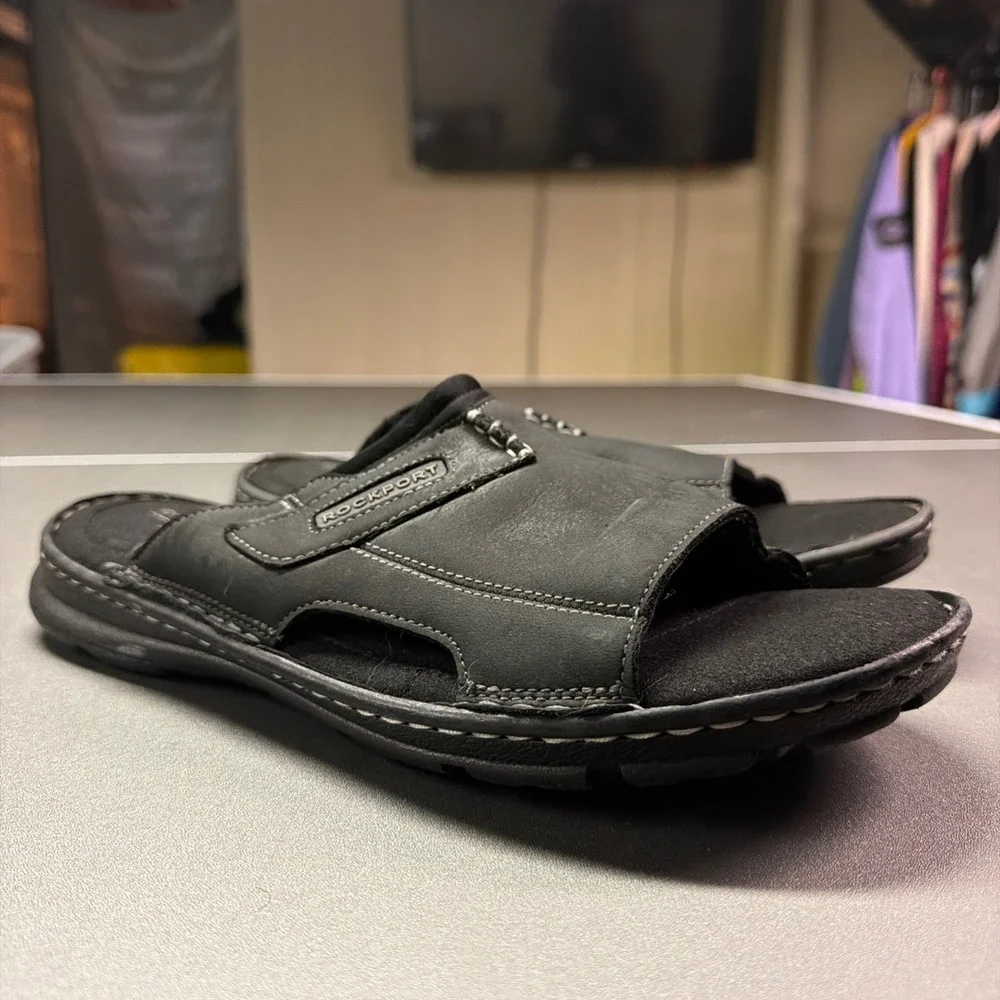 Rockport Darwyn Slide Black Leather Mens Sandals truTECH CI5687 Size 9.5 W